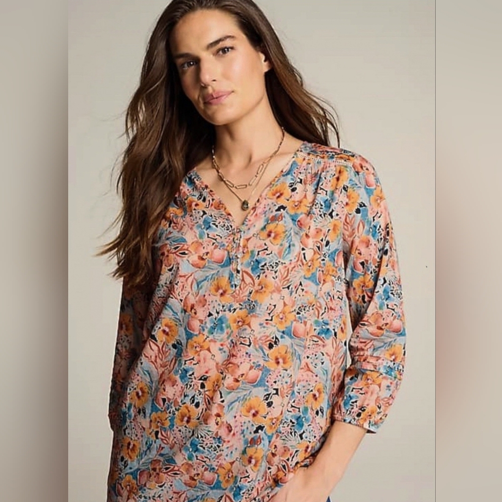 J. Jill Floral V-Neck Blouse - Pink and Blue